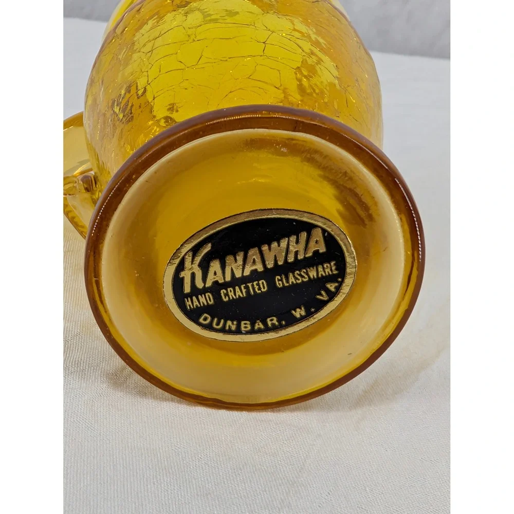 Kanawha Crackle Glass Mini Pitcher Amber Yellow Hand Blown MCM Art Glass 3.25in